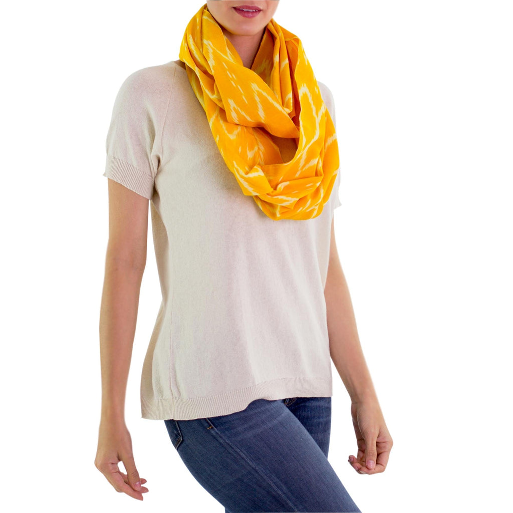 Hand Woven Cotton Infinity Scarf in Bright Yellow and White - Maya Sunlight