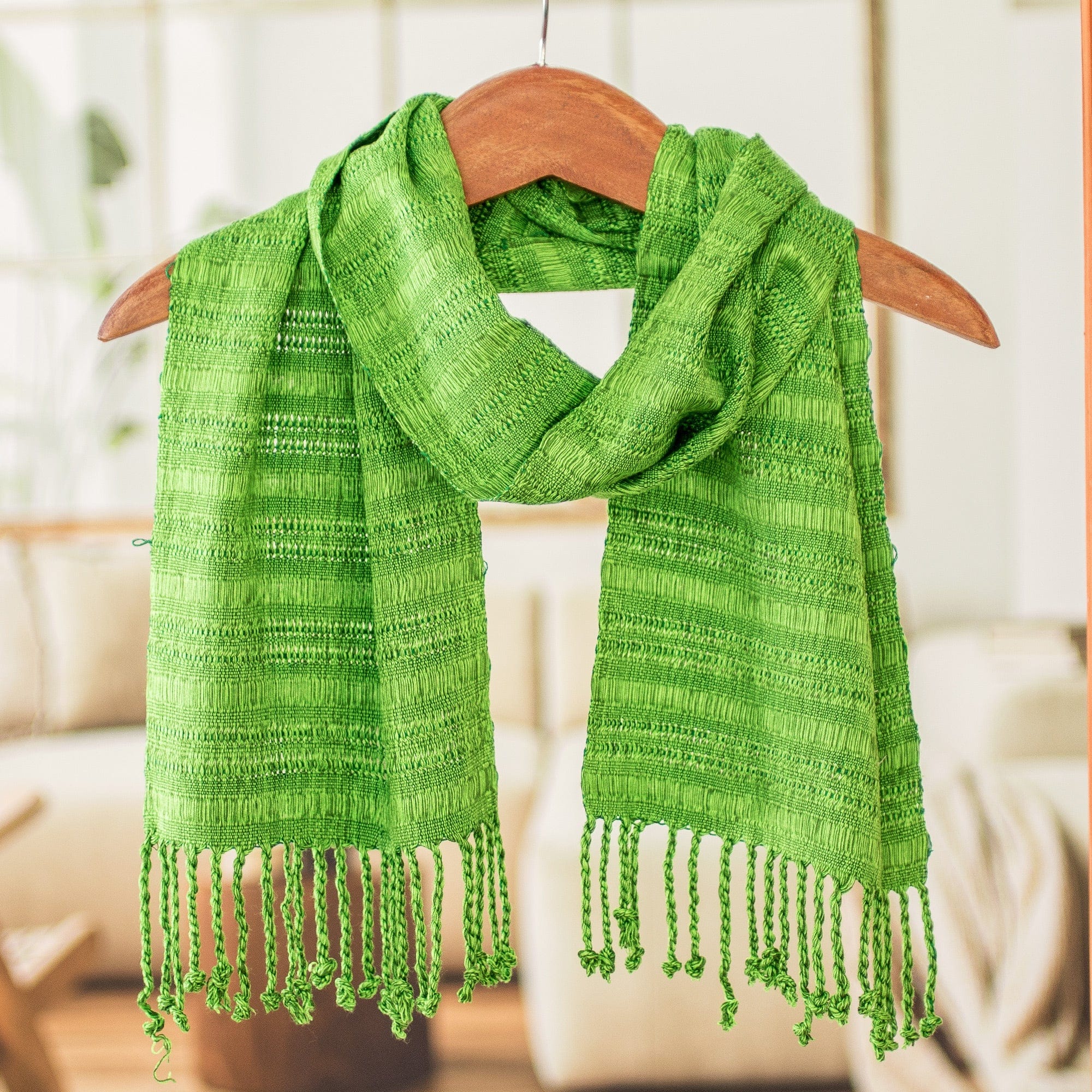 Handwoven Rayon Made from Bamboo Scarf with Fringes in Green - Green Reflections