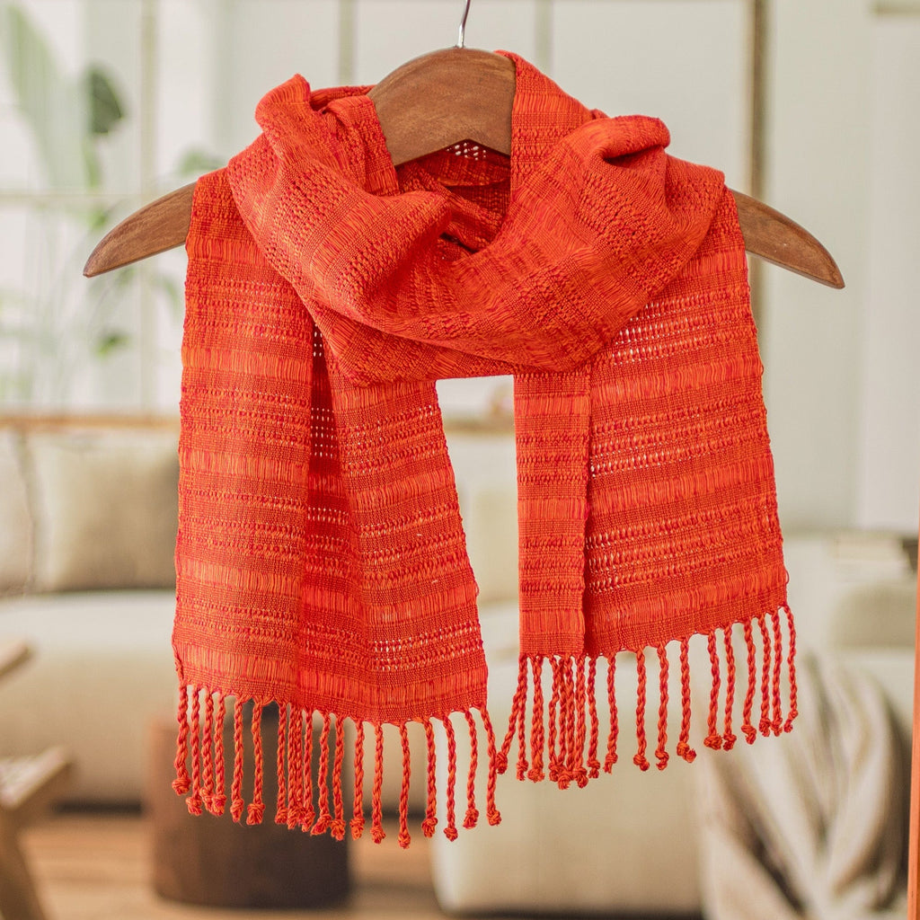 Fringed Orange Scarf Hand-Woven from Rayon in Guatemala - Orange Reflections
