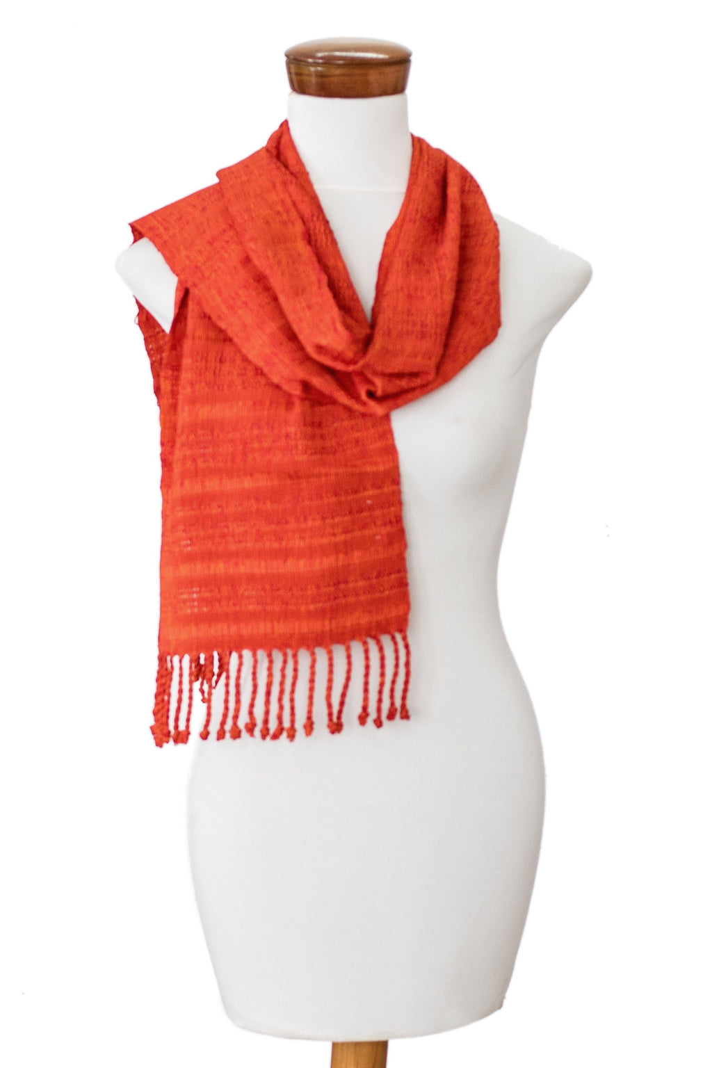 Fringed Orange Scarf Hand-Woven from Rayon in Guatemala - Orange Reflections