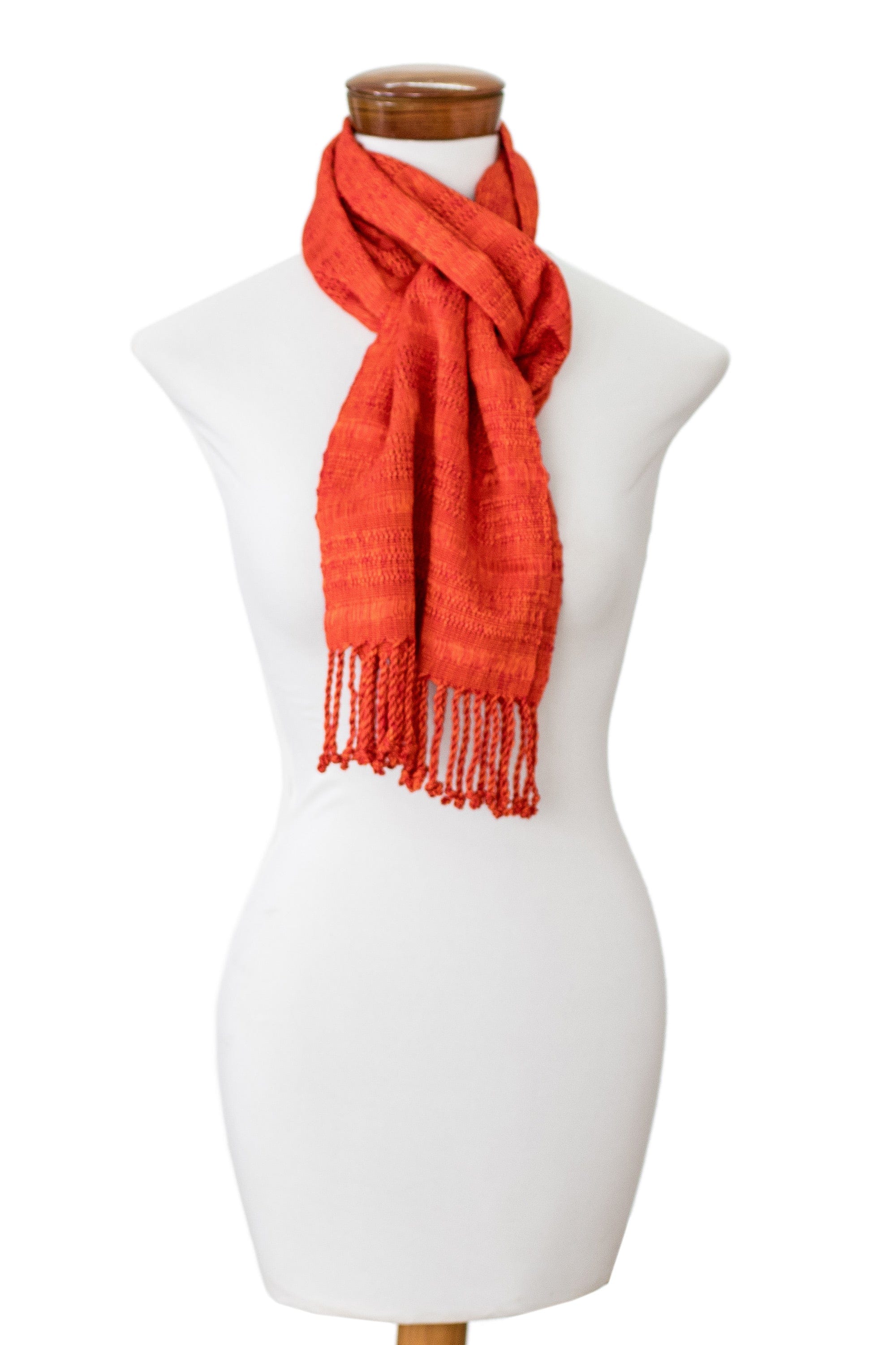 Fringed Orange Scarf Hand-Woven from Rayon in Guatemala - Orange Reflections