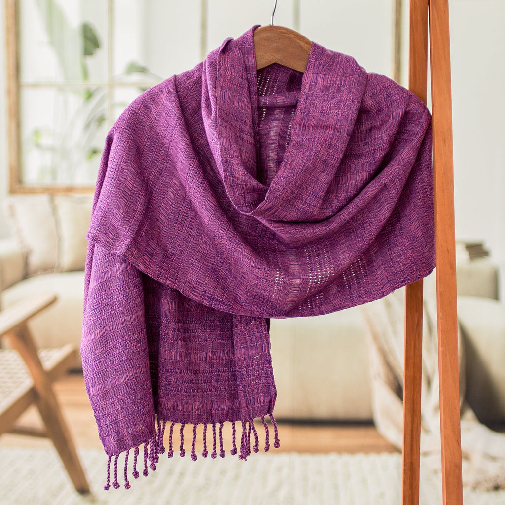 Hand-Woven Textured Fringed Cotton Scarf in Purple and Pink - Purple Serenade