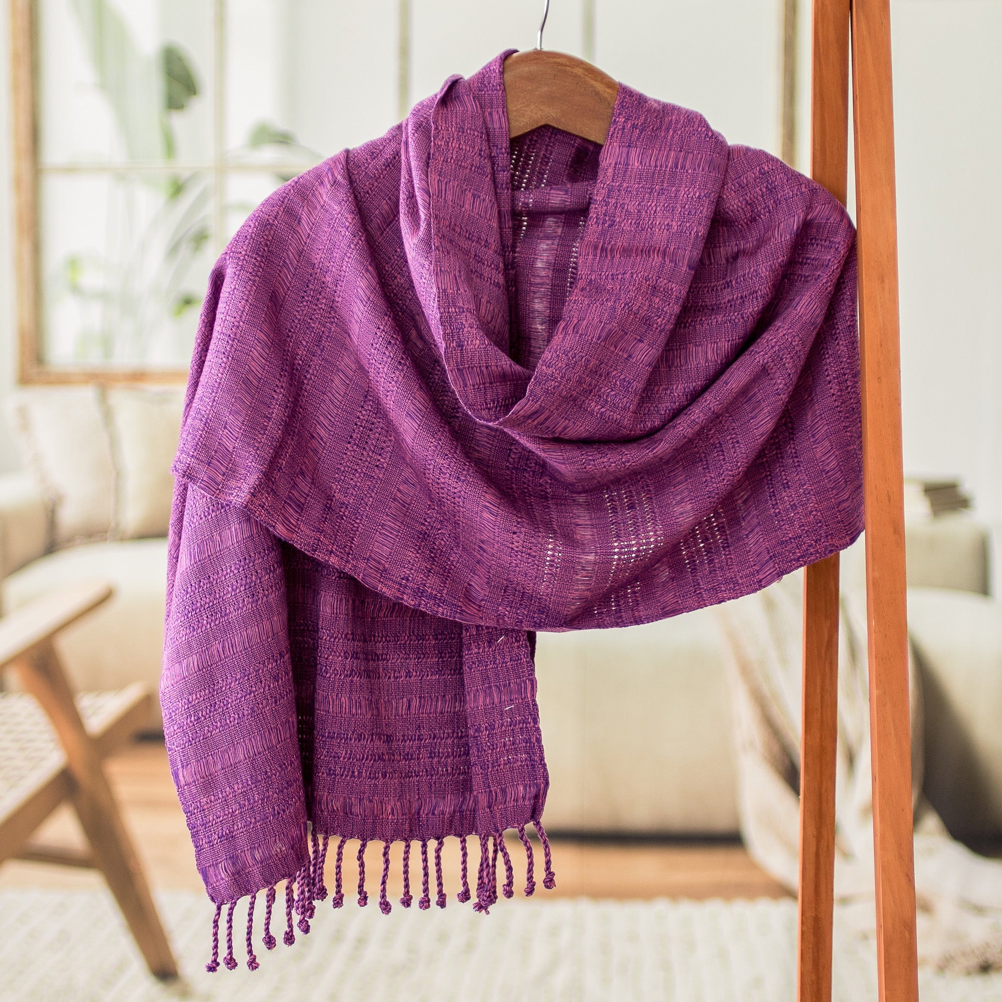 Hand-Woven Textured Fringed Cotton Scarf in Purple and Pink - Purple Serenade