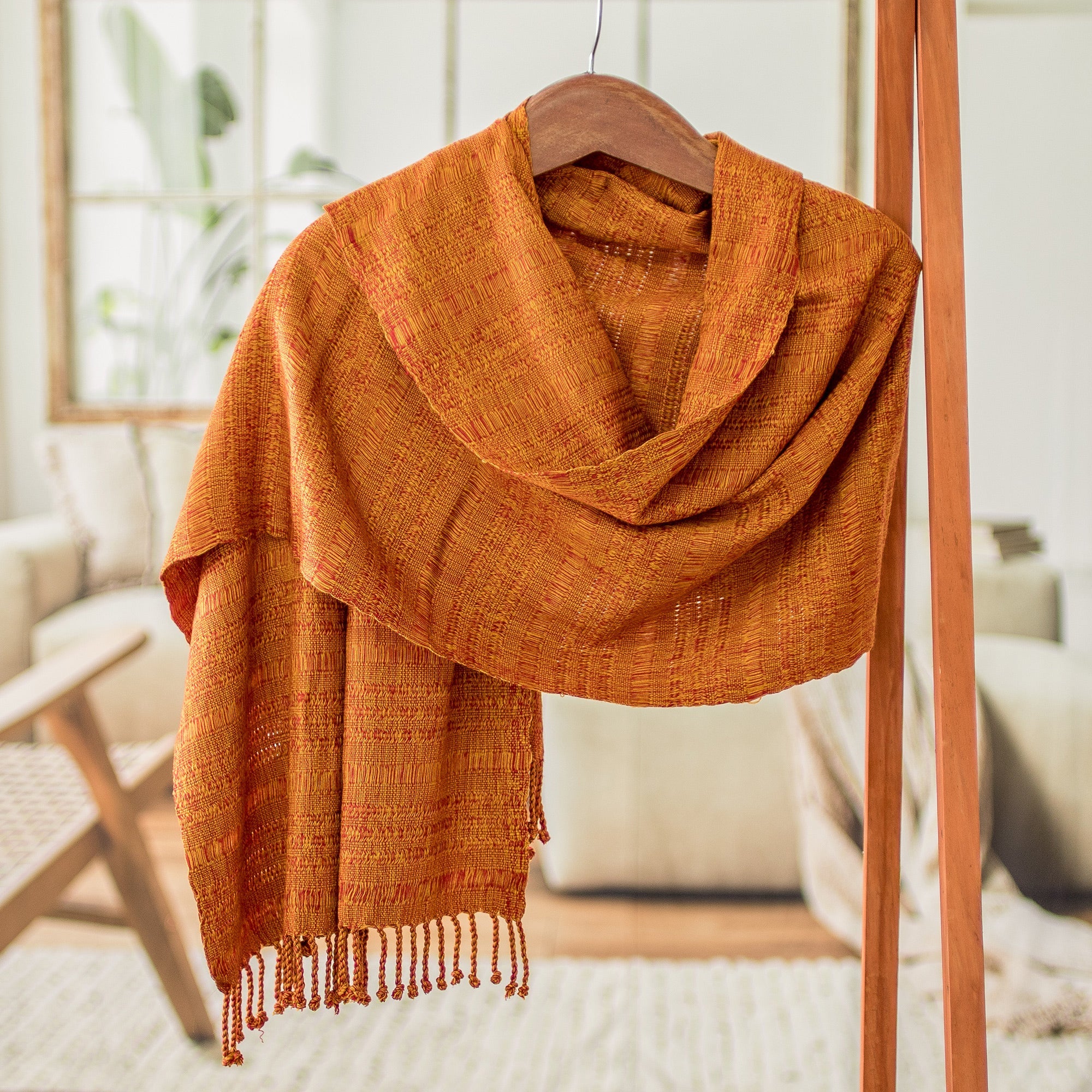Hand-Woven Textured Fringed Cotton Scarf in Yellow and Red - Geometric Fire