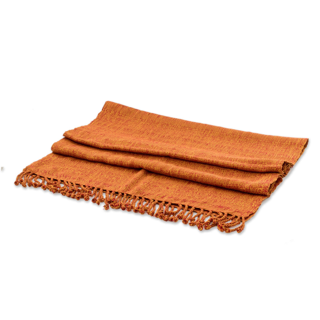 Hand-Woven Textured Fringed Cotton Scarf in Yellow and Red - Geometric Fire