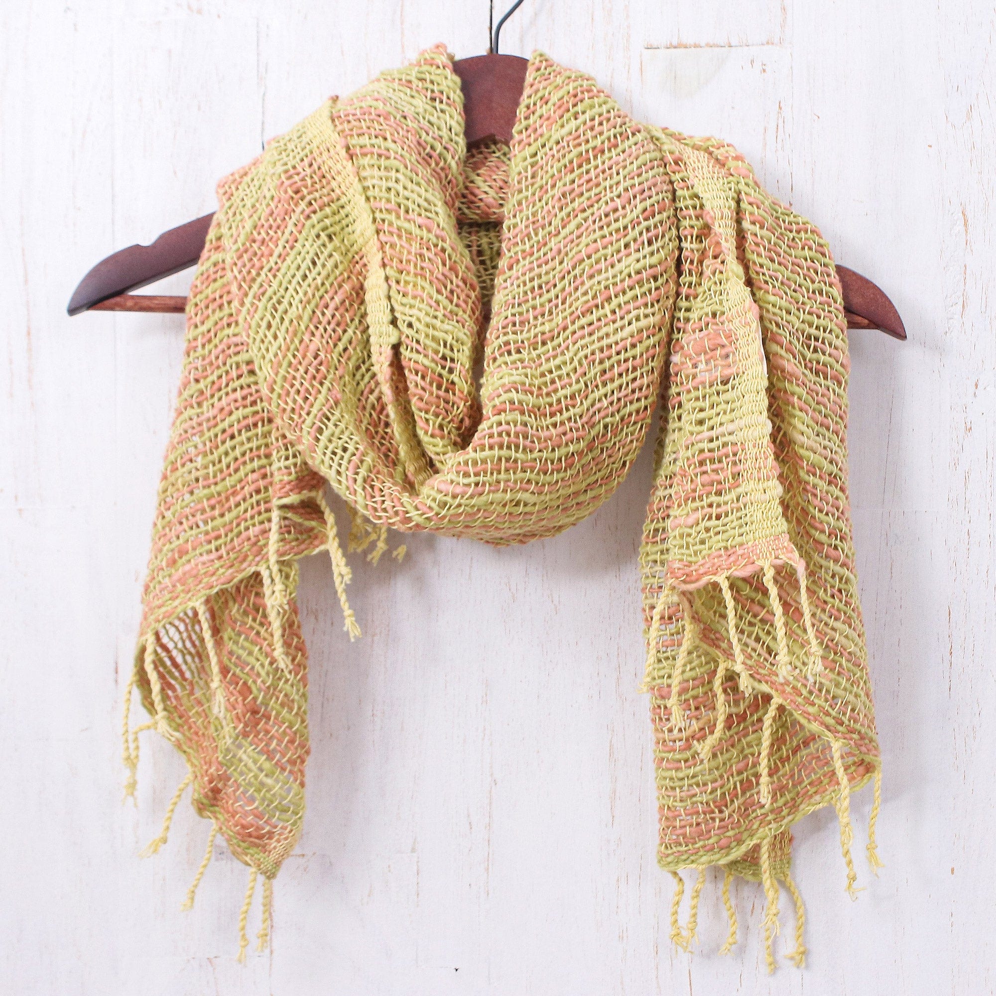 Handmade 100% Cotton Loose Weave Scarf in Green and Orange - Evening Breeze