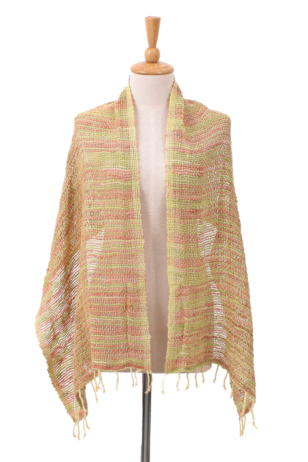 Handmade 100% Cotton Loose Weave Scarf in Green and Orange - Evening Breeze