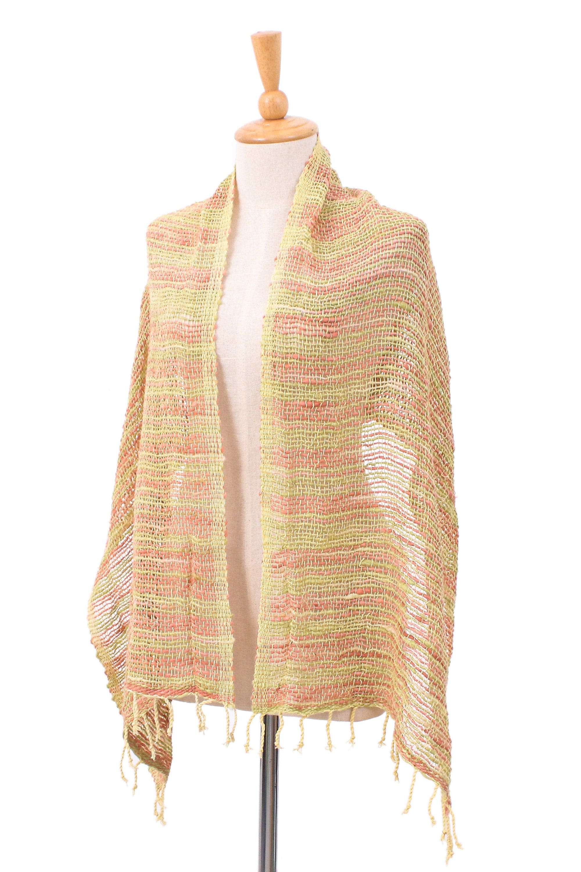 Handmade 100% Cotton Loose Weave Scarf in Green and Orange - Evening Breeze