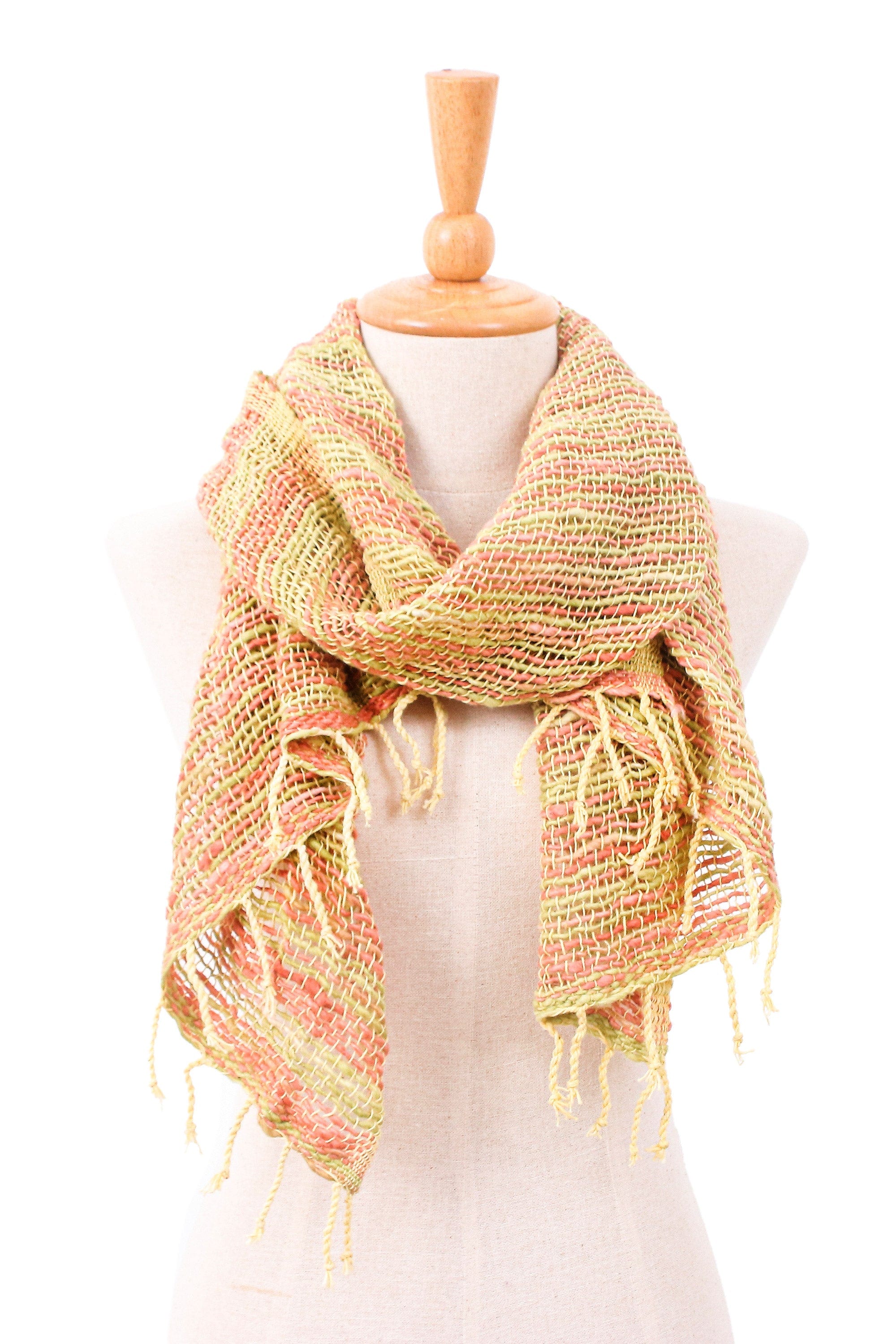 Handmade 100% Cotton Loose Weave Scarf in Green and Orange - Evening Breeze