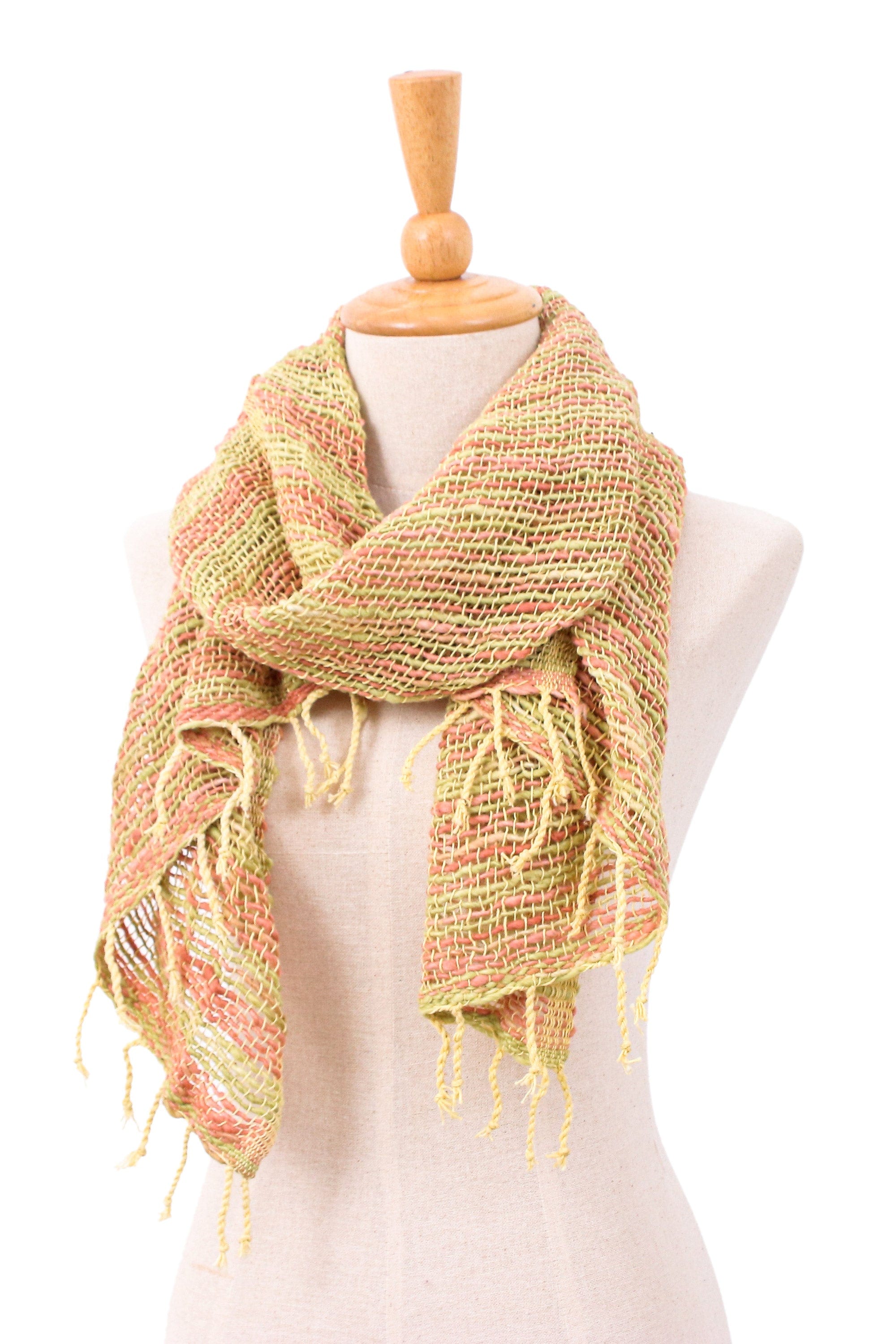 Handmade 100% Cotton Loose Weave Scarf in Green and Orange - Evening Breeze