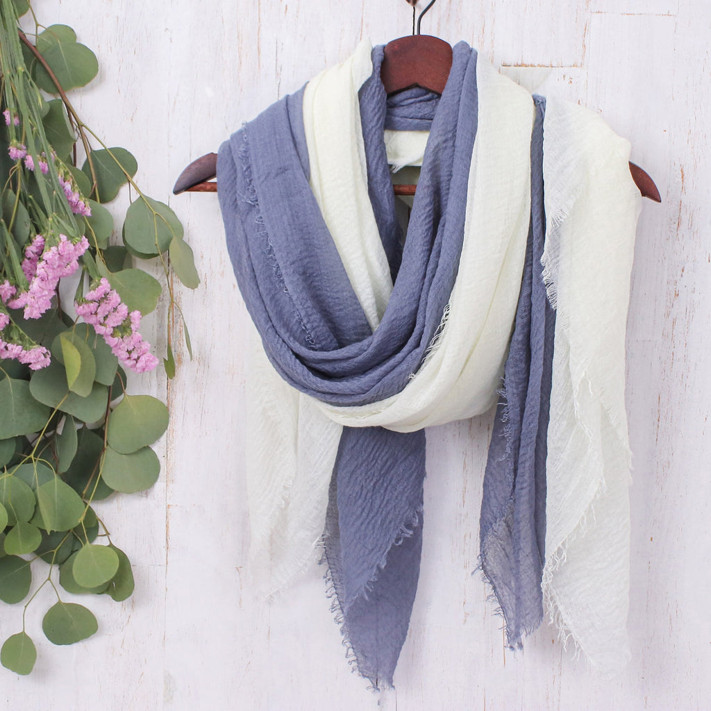 Pair of Hand-Woven Lightweight Grey and Ivory Cotton Scarves - Brilliant Warmth