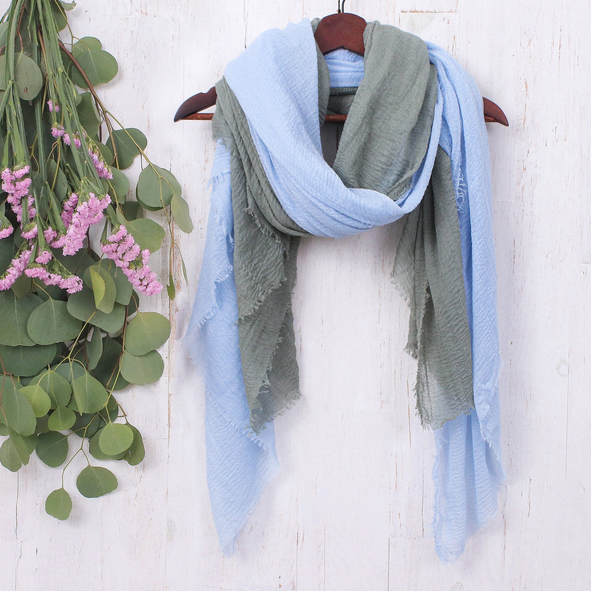Pair of Handwoven Lightweight Blue and Grey Cotton Scarves - Sky Glam