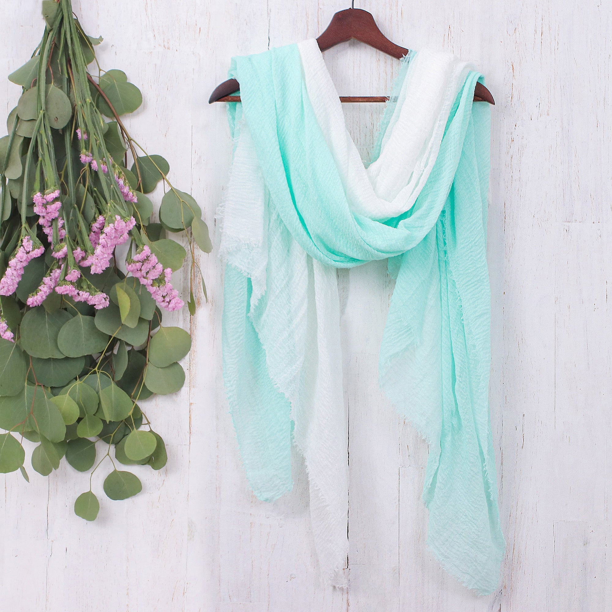 Two Hand-Woven Lightweight Aqua and White Cotton Scarves - Cozy Cool