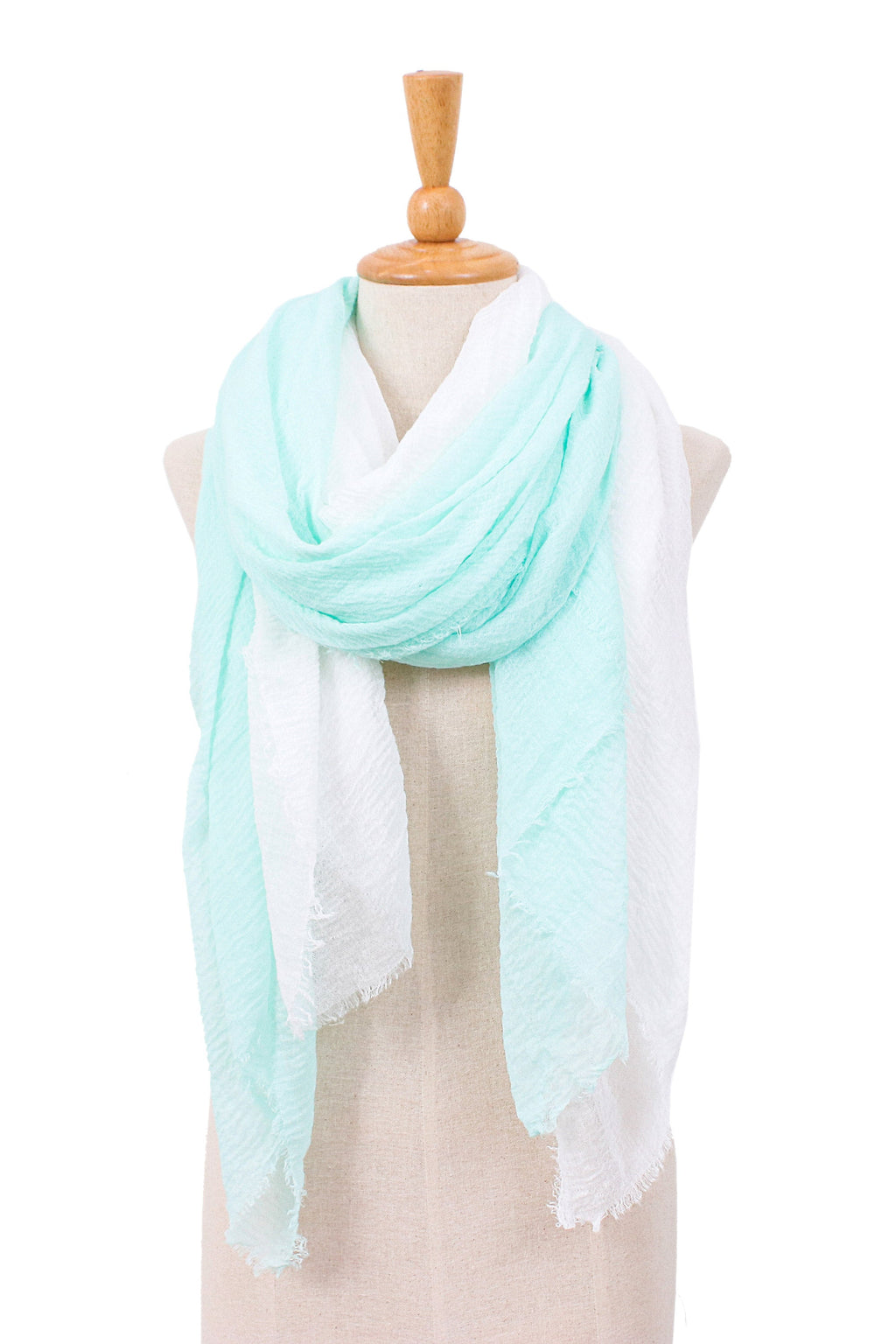 Two Hand-Woven Lightweight Aqua and White Cotton Scarves - Cozy Cool