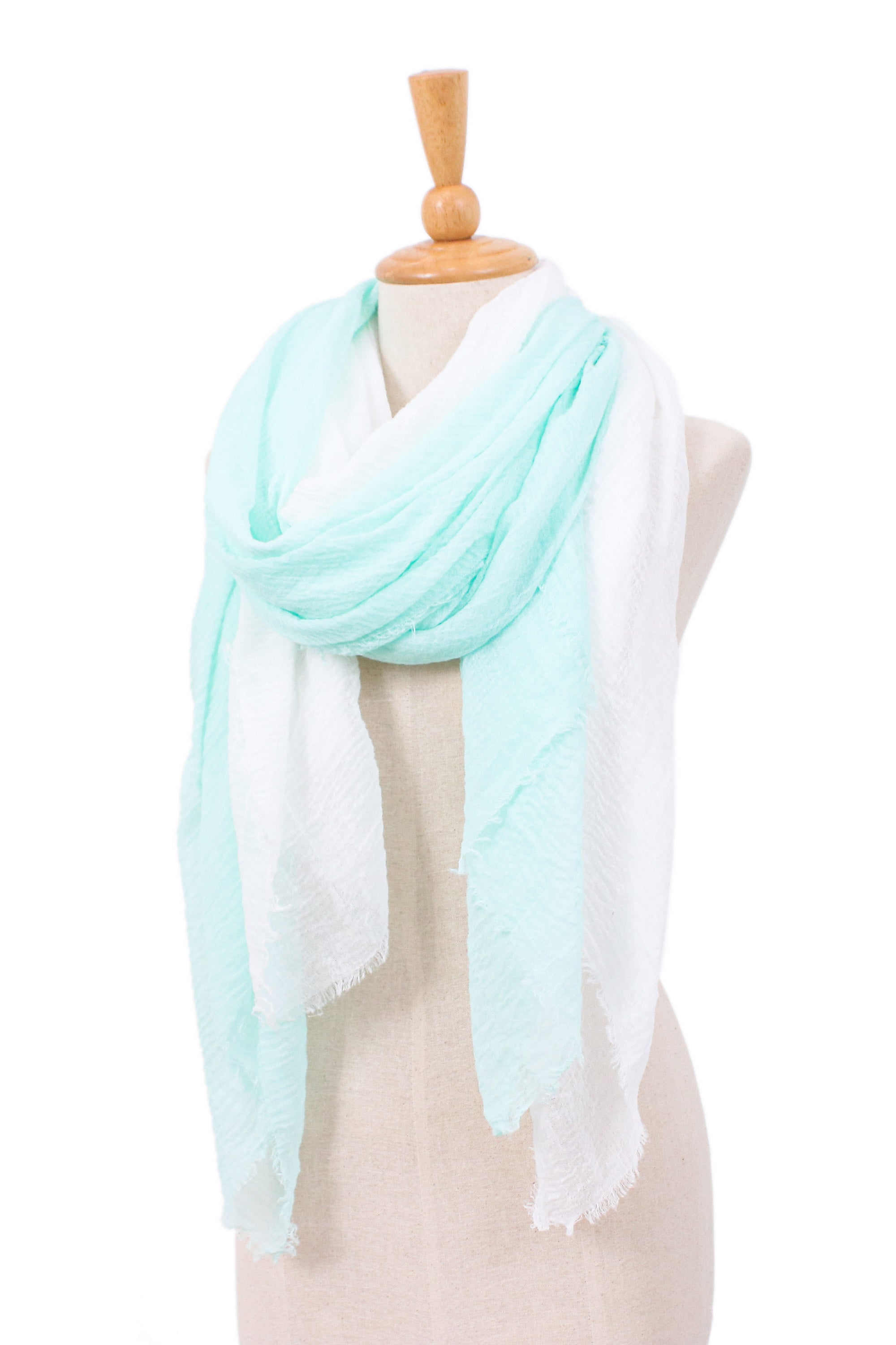 Two Hand-Woven Lightweight Aqua and White Cotton Scarves - Cozy Cool