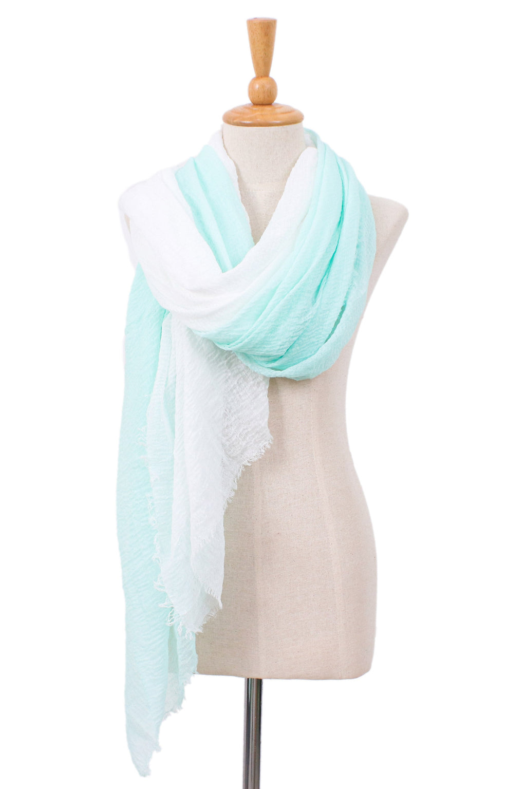 Two Hand-Woven Lightweight Aqua and White Cotton Scarves - Cozy Cool