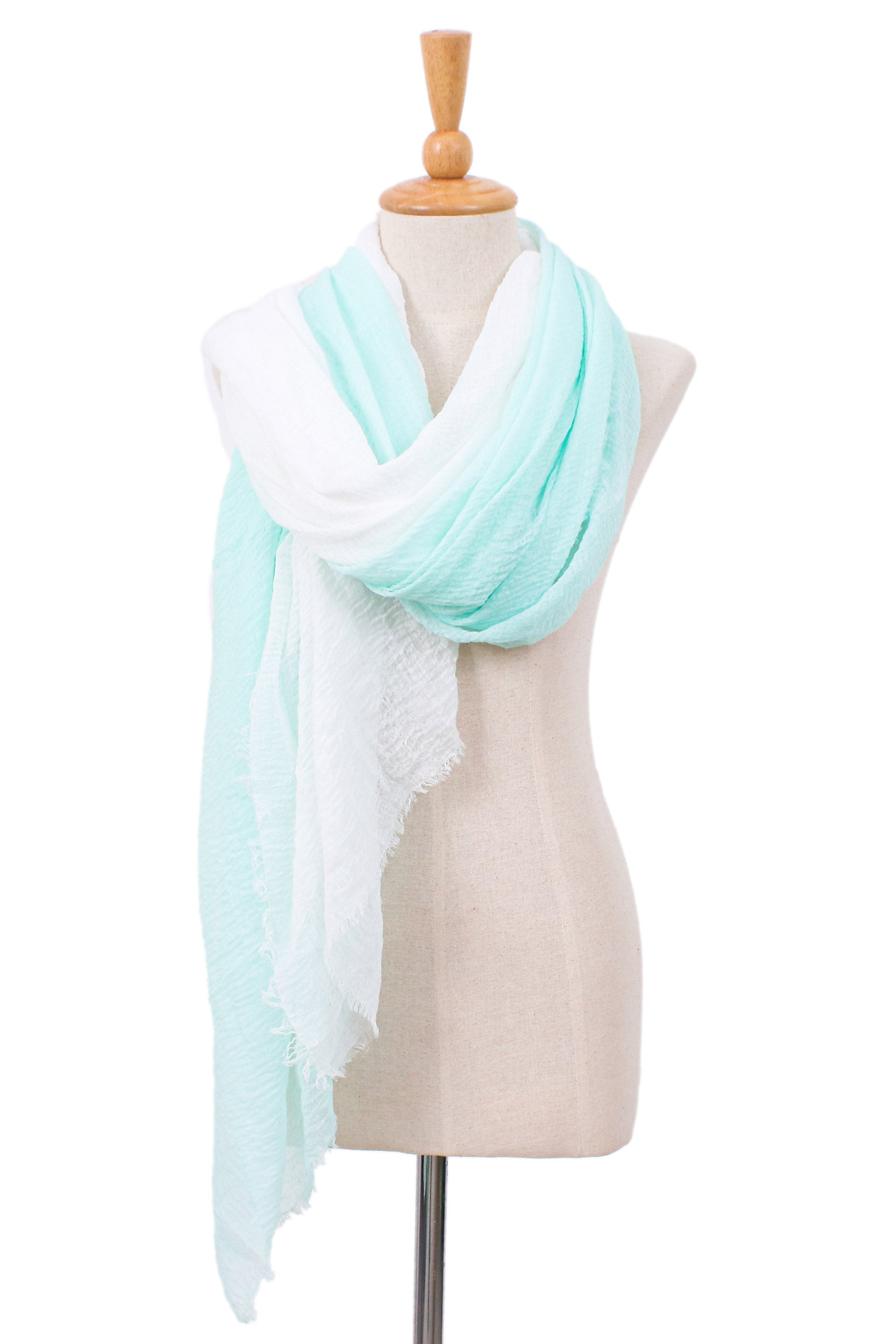 Two Hand-Woven Lightweight Aqua and White Cotton Scarves - Cozy Cool