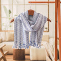 Striped Handwoven White and Blue Fringed Cotton Scarf - Tzutujil Heaven
