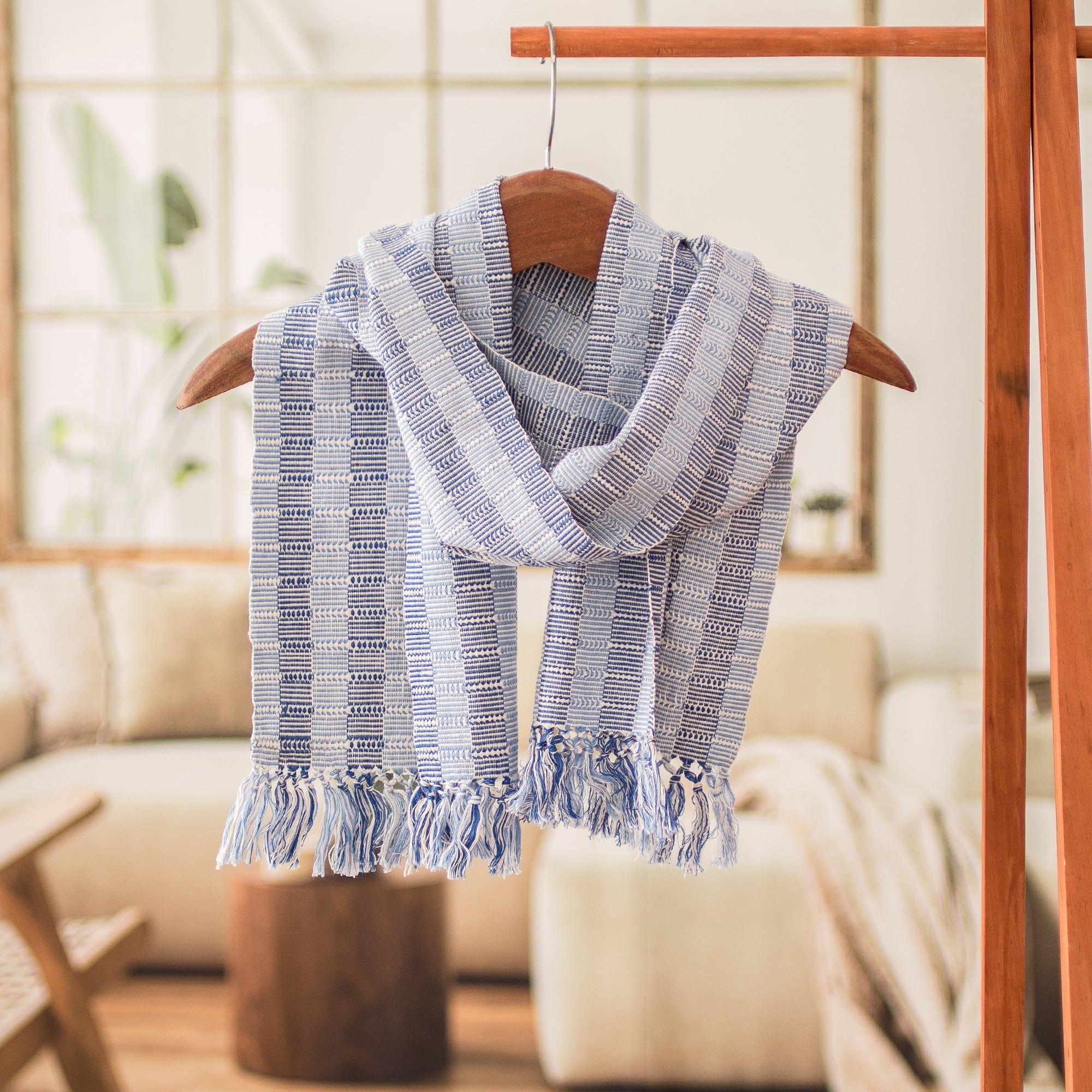 Striped Handwoven White and Blue Fringed Cotton Scarf - Tzutujil Heaven