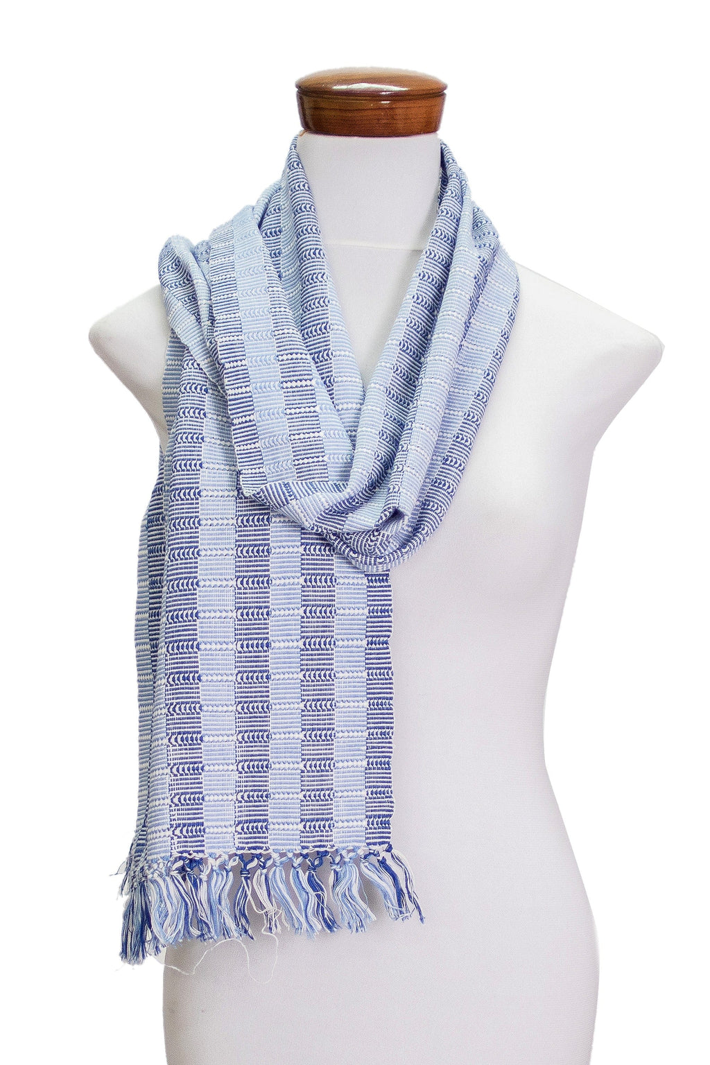 Striped Handwoven White and Blue Fringed Cotton Scarf - Tzutujil Heaven