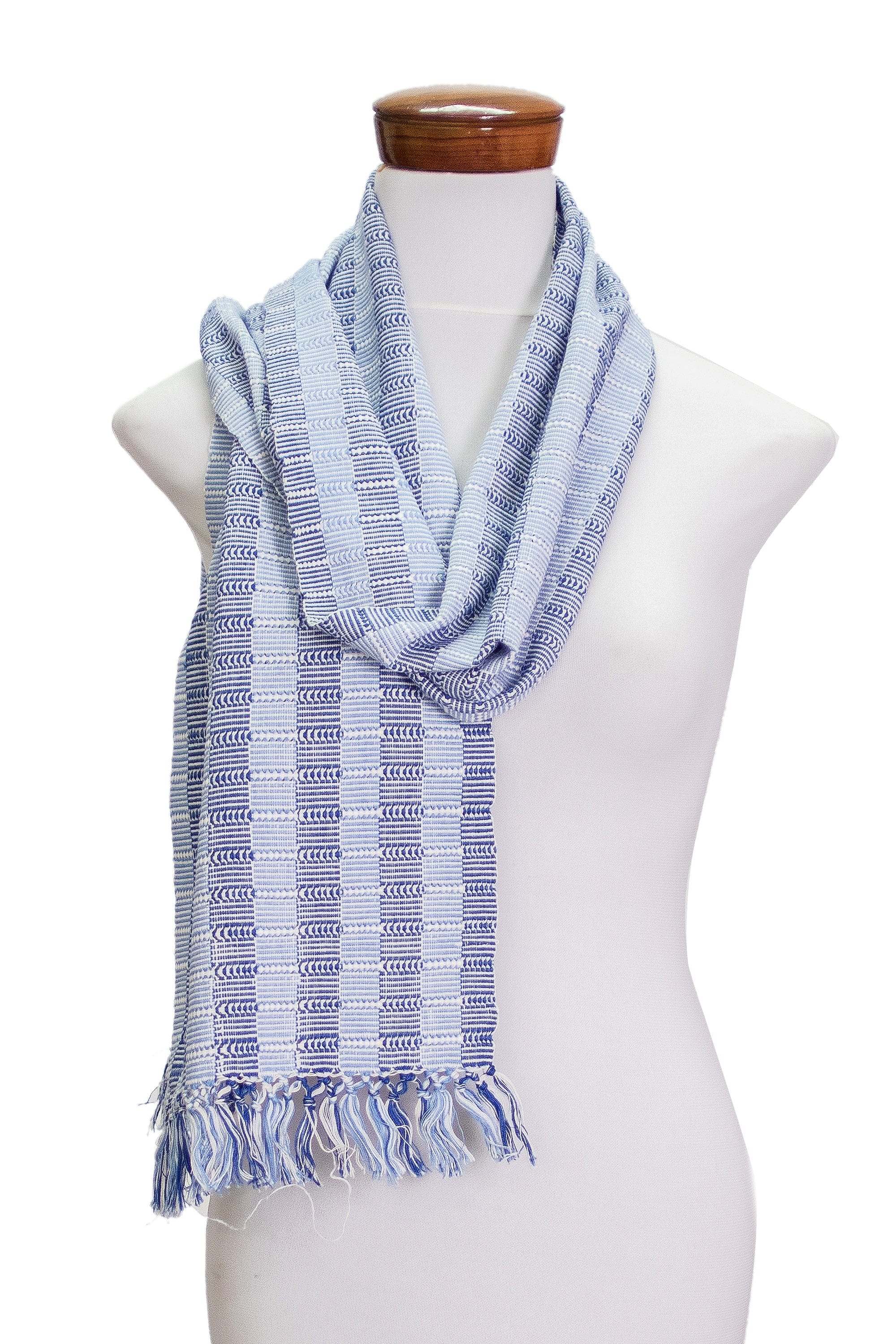 Striped Handwoven White and Blue Fringed Cotton Scarf - Tzutujil Heaven