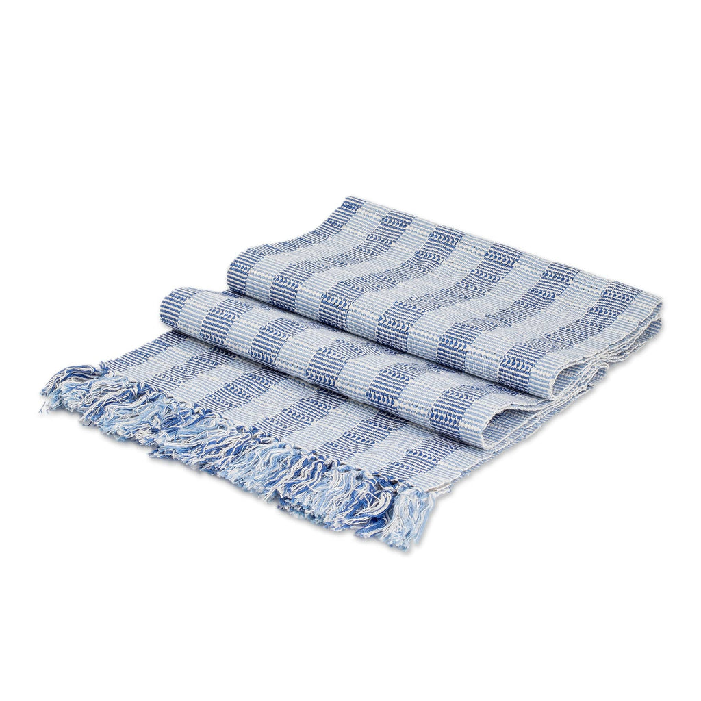 Striped Handwoven White and Blue Fringed Cotton Scarf - Tzutujil Heaven
