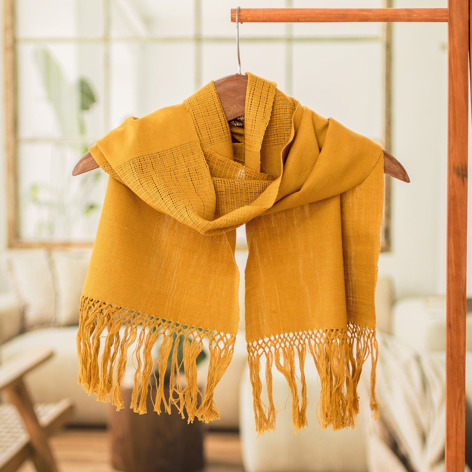 Traditional Handloomed Yellow Cotton Scarf with Fringes - Maya Gold