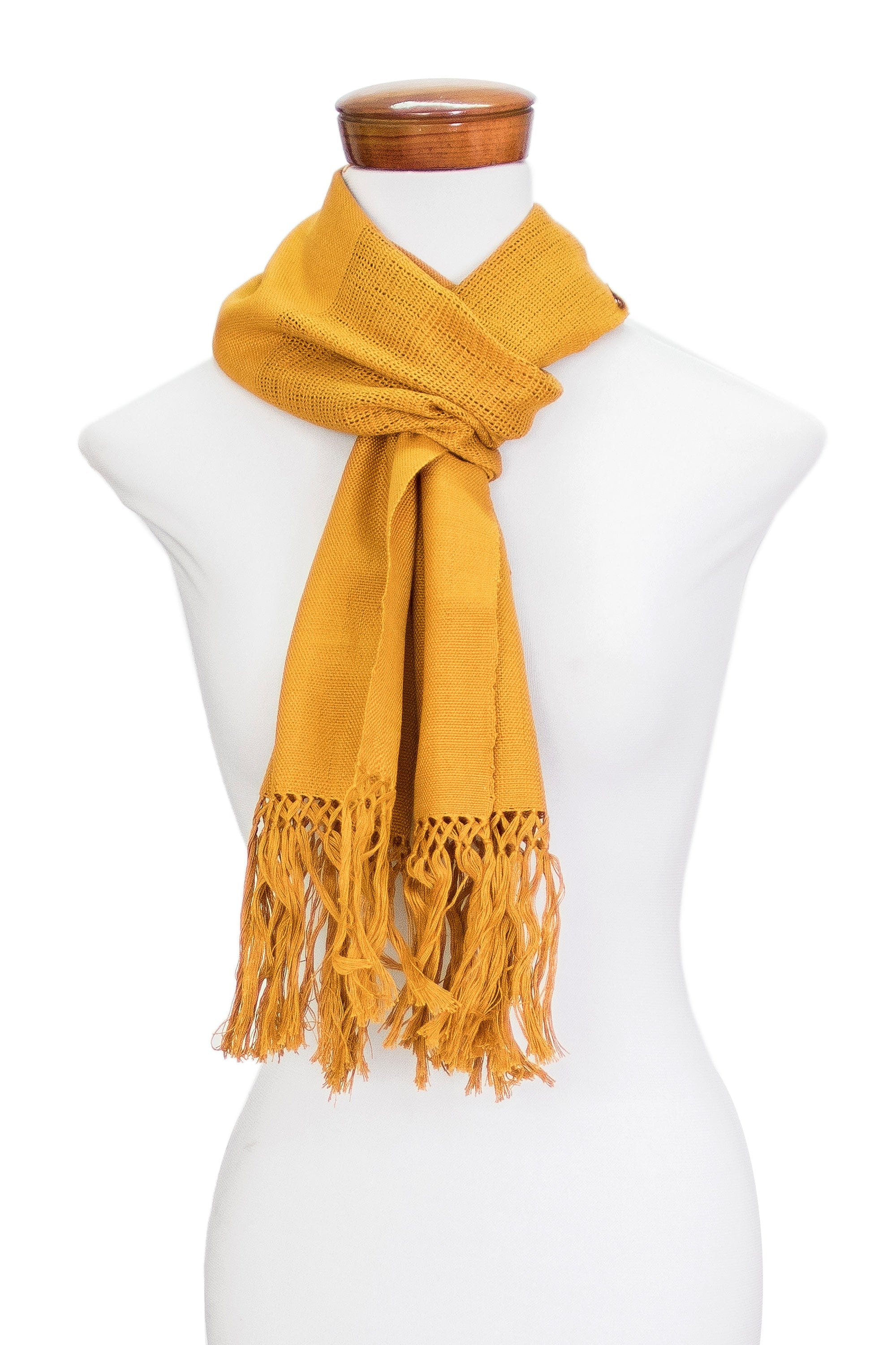 Traditional Handloomed Yellow Cotton Scarf with Fringes - Maya Gold