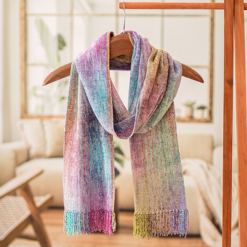 Handloomed Pastel-Toned Rayon Chenille Scarf with Fringes - Pastel Dream
