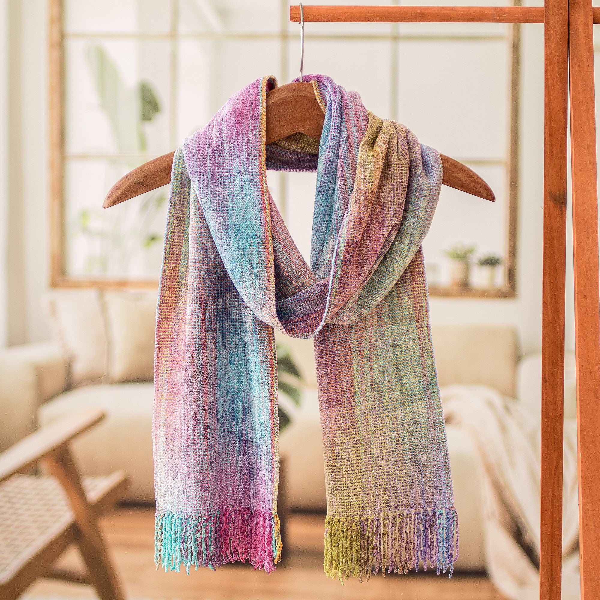 Handloomed Pastel-Toned Rayon Chenille Scarf with Fringes - Pastel Dream