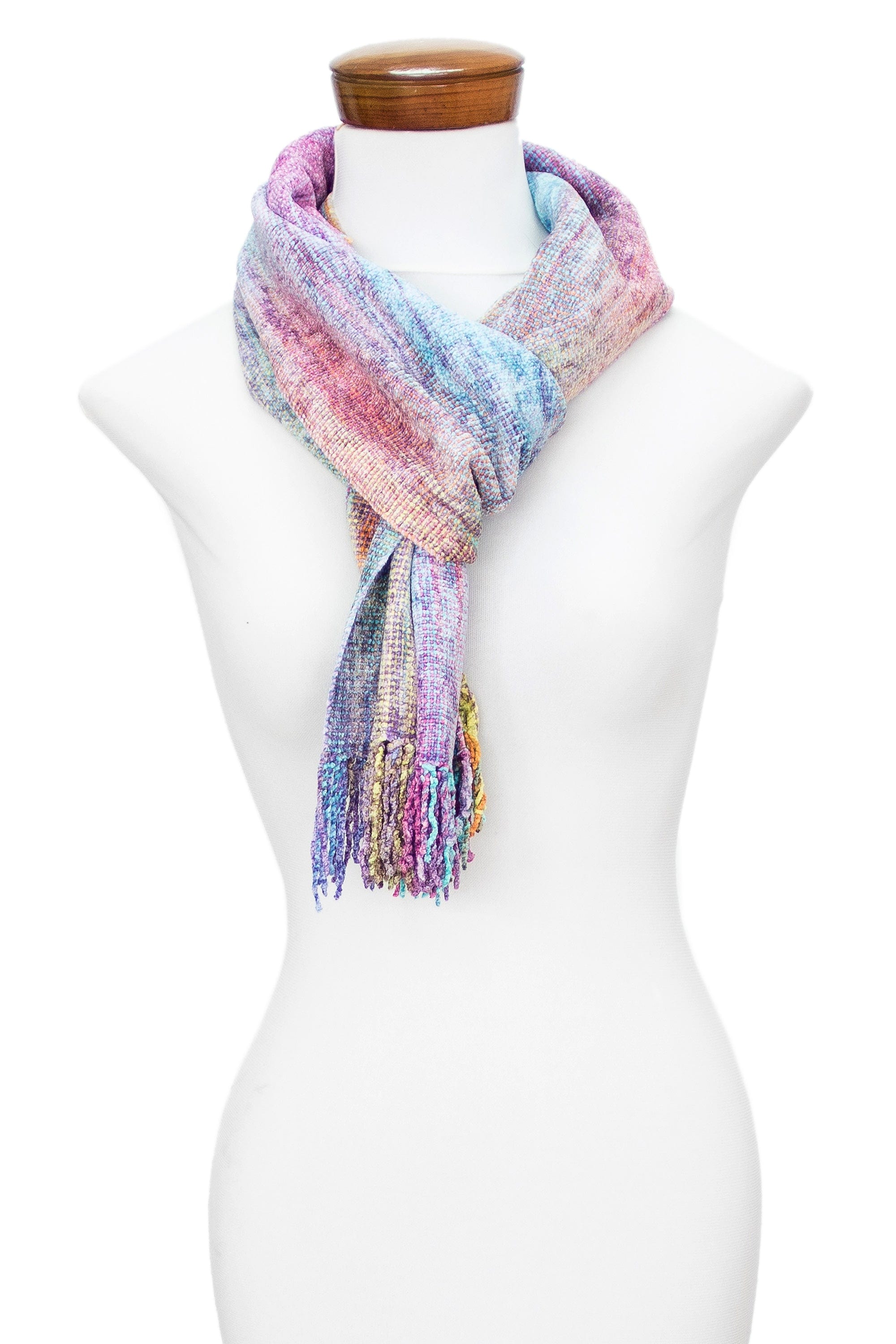 Handloomed Pastel-Toned Rayon Chenille Scarf with Fringes - Pastel Dream