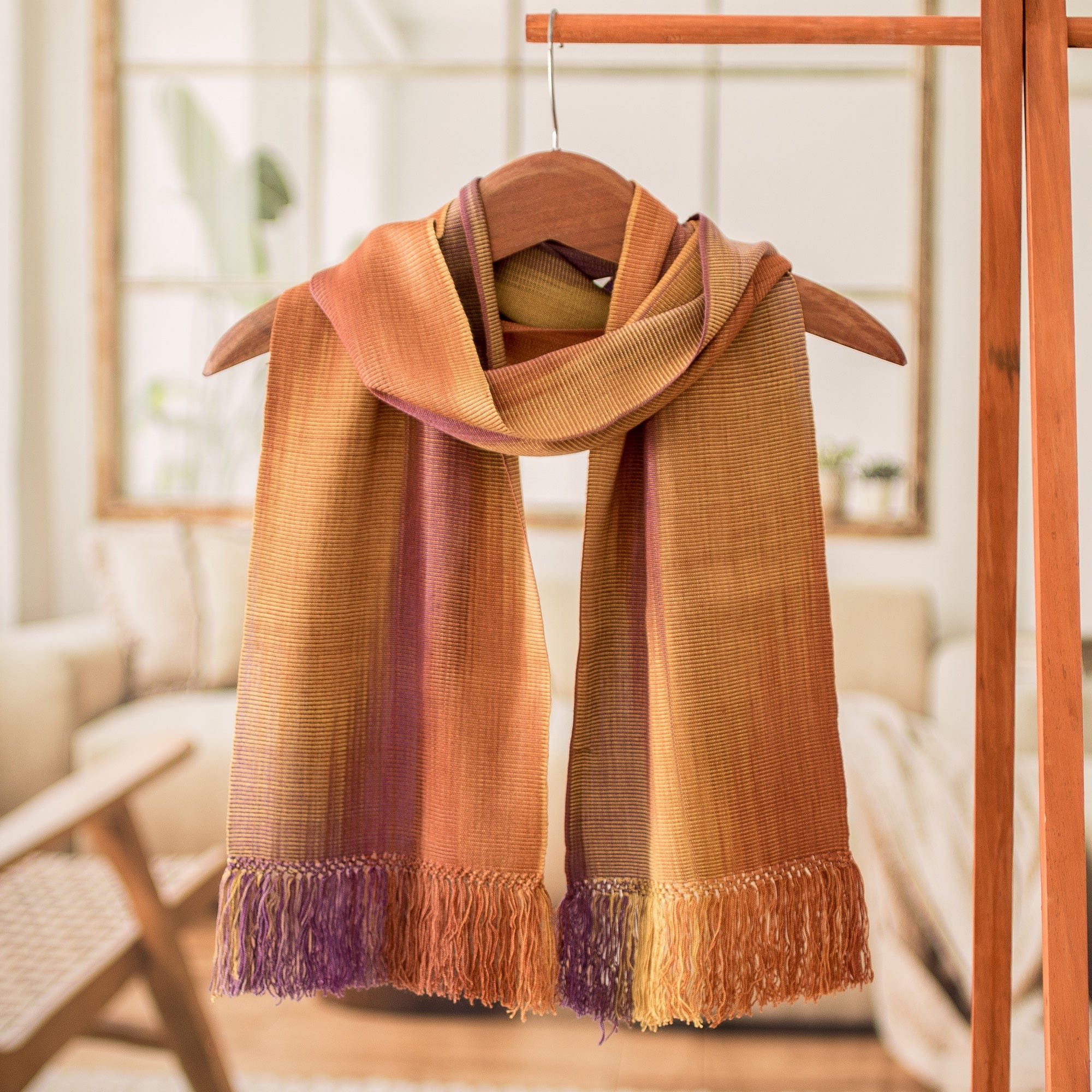 Handwoven Orange and Purple Bamboo Rayon Fringed Scarf - Iridescent Sunset
