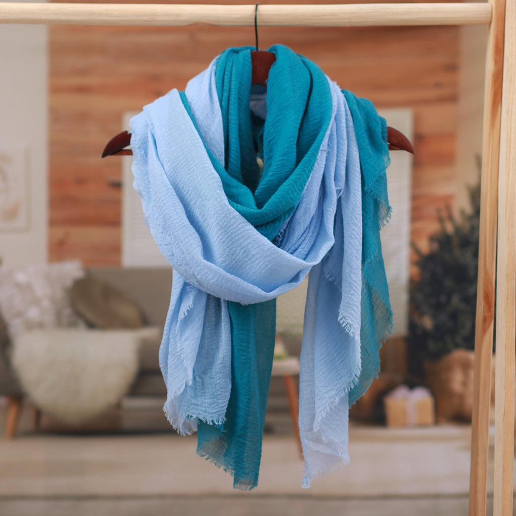 Set of 2 Handwoven Soft Sky Blue and Teal Cotton Scarves - Teal Winds