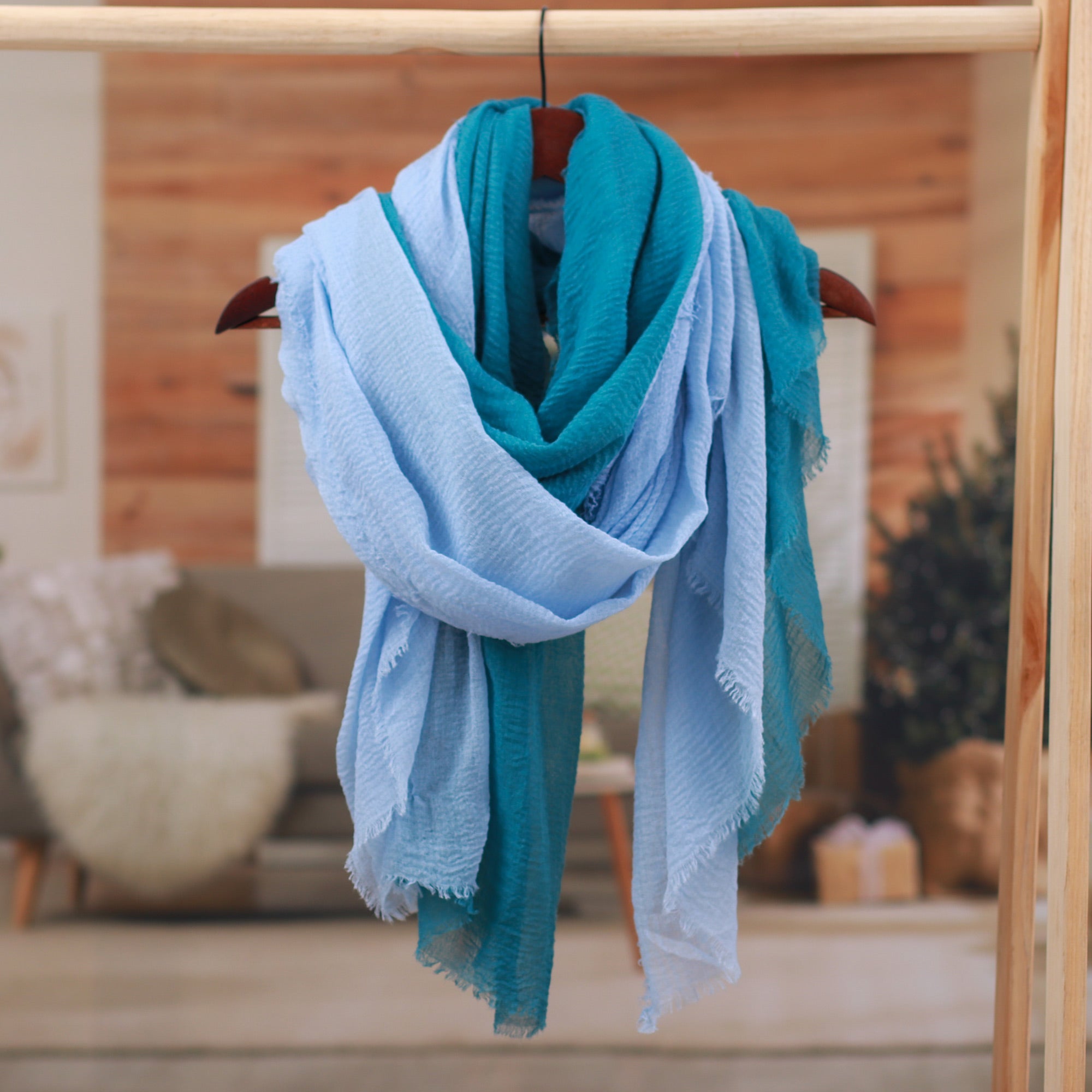 Set of 2 Handwoven Soft Sky Blue and Teal Cotton Scarves - Teal Winds